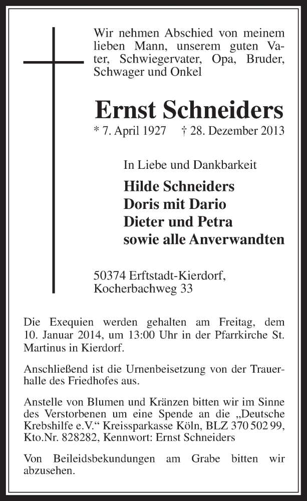  Traueranzeige für Ernst Schneiders vom 08.01.2014 aus  Werbepost 