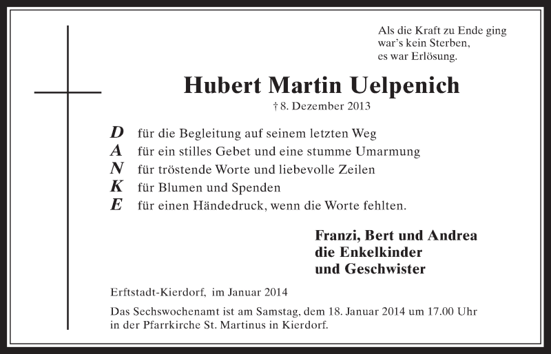  Traueranzeige für Hubert Martin Uelpenich vom 08.01.2014 aus  Werbepost 