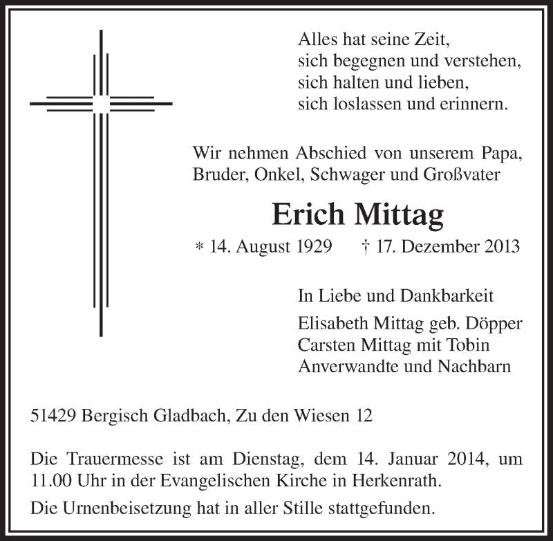  Traueranzeige für Erich Mittag vom 08.01.2014 aus  Bergisches Handelsblatt 