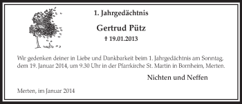 Anzeige von Gertrud Pütz von  Schlossbote/Werbekurier 