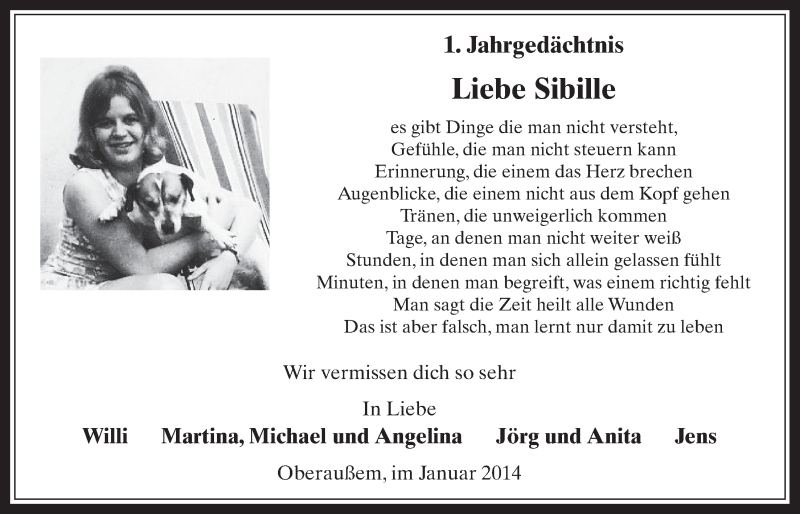  Traueranzeige für Sibille  vom 08.01.2014 aus  Werbepost 