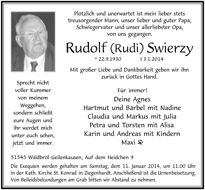  Traueranzeige für Rudolf Swierzy vom 08.01.2014 aus  Lokalanzeiger 