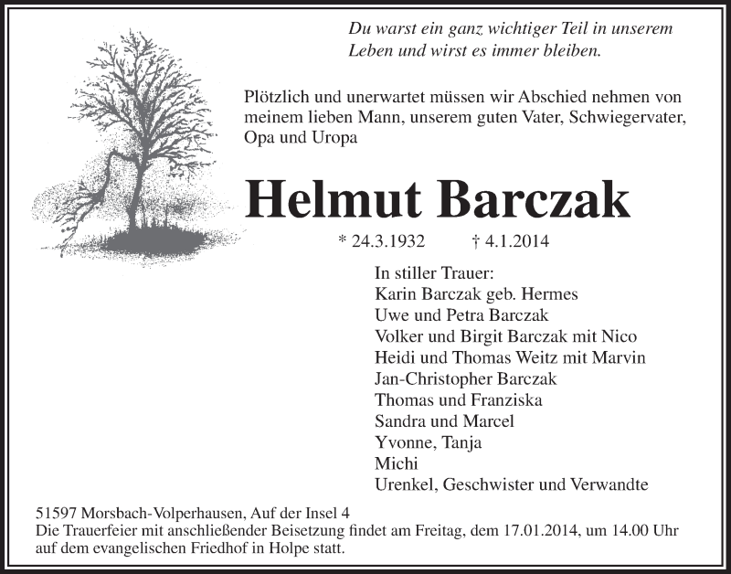  Traueranzeige für Helmut Barczak vom 08.01.2014 aus  Lokalanzeiger 