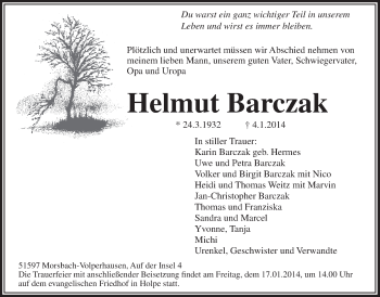 Anzeige von Helmut Barczak von  Lokalanzeiger 
