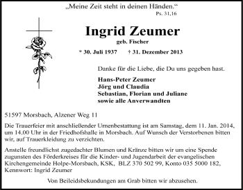 Anzeige von Ingrid Zeumer von  Lokalanzeiger 