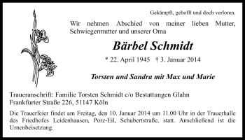 Anzeige von Bärbel Schmidt von  Kölner Wochenspiegel 
