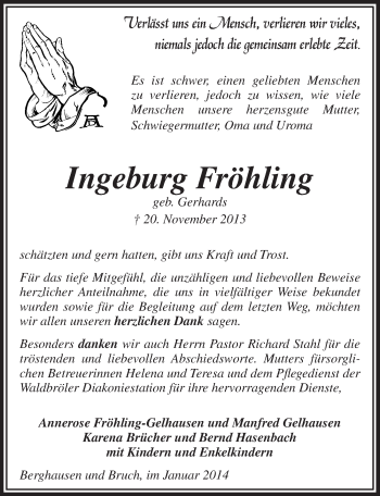 Anzeige von Ingeburg Fröhling von  Lokalanzeiger 
