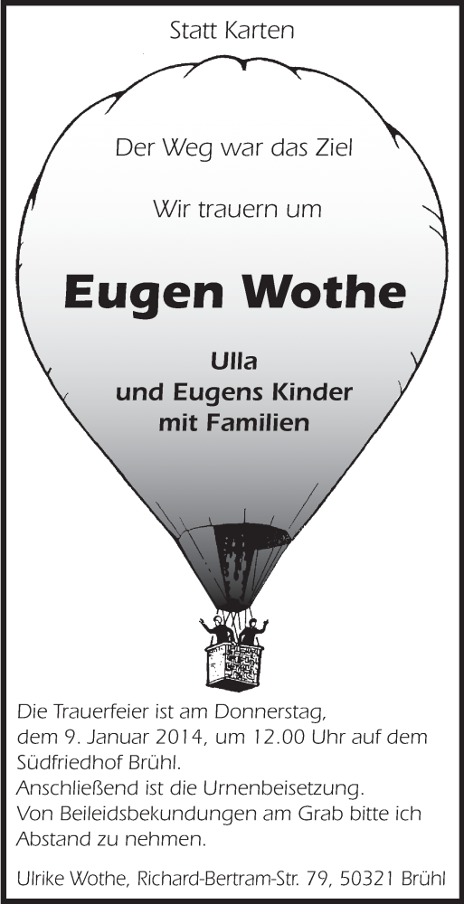  Traueranzeige für Eugen Wothe vom 08.01.2014 aus  Schlossbote/Werbekurier 