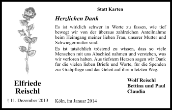 Anzeige von Elfriede Reischl von  Kölner Wochenspiegel 