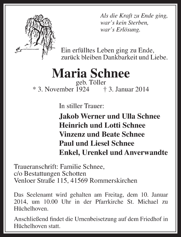  Traueranzeige für Maria Schnee vom 08.01.2014 aus  Werbepost 
