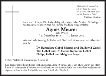 Anzeige von Agnes Meurer von  Lokalanzeiger 