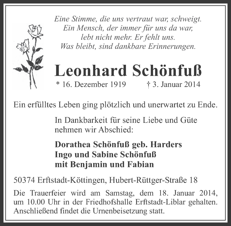  Traueranzeige für Leonhard Schönfuß vom 08.01.2014 aus  Werbepost 