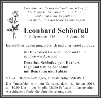 Anzeige von Leonhard Schönfuß von  Werbepost 