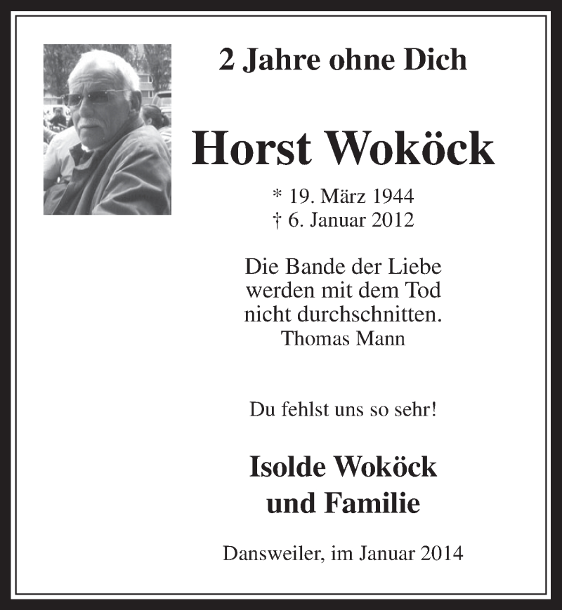  Traueranzeige für Horst Woköck vom 08.01.2014 aus  Wochenende 