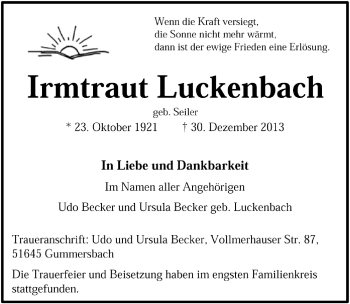 Anzeige von Irmtraut Luckenbach von  Anzeigen Echo 