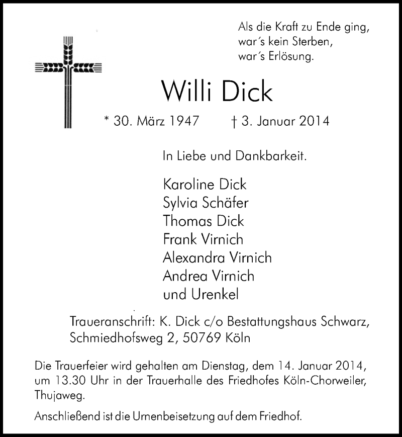  Traueranzeige für Willi Dick vom 08.01.2014 aus  Kölner Wochenspiegel 