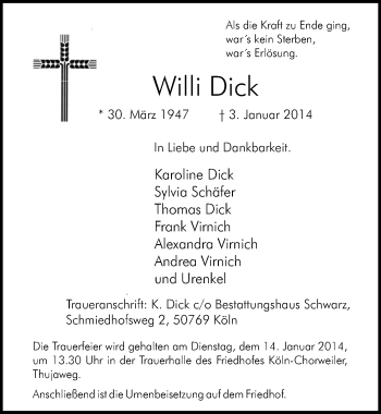 Anzeige von Willi Dick von  Kölner Wochenspiegel 