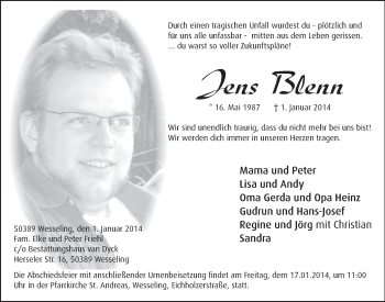 Anzeige von Jens Blenn von  Schlossbote/Werbekurier 