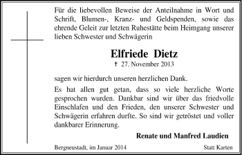 Anzeige von Elfriede Dietz von  Anzeigen Echo 