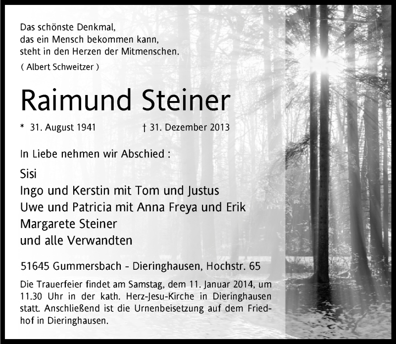  Traueranzeige für Raimund Steiner vom 08.01.2014 aus  Anzeigen Echo 