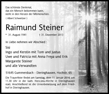 Anzeige von Raimund Steiner von  Anzeigen Echo 