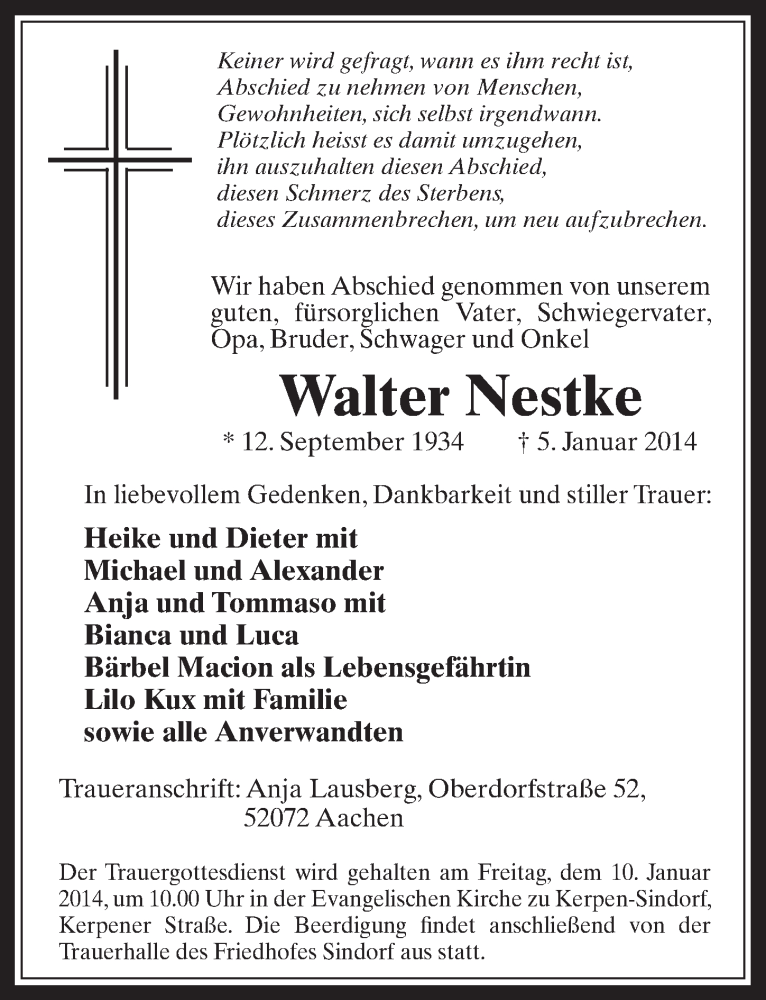  Traueranzeige für Walter Nestke vom 08.01.2014 aus  Werbepost 