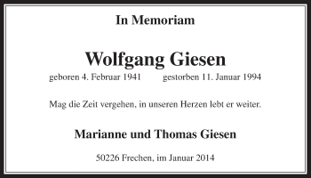 Anzeige von Wolfgang Giesen von  Wochenende 