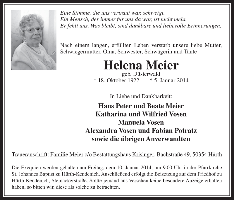  Traueranzeige für Helena Meier vom 08.01.2014 aus  Wochenende 