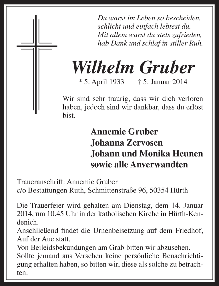  Traueranzeige für Wilhelm Gruber vom 08.01.2014 aus  Wochenende 