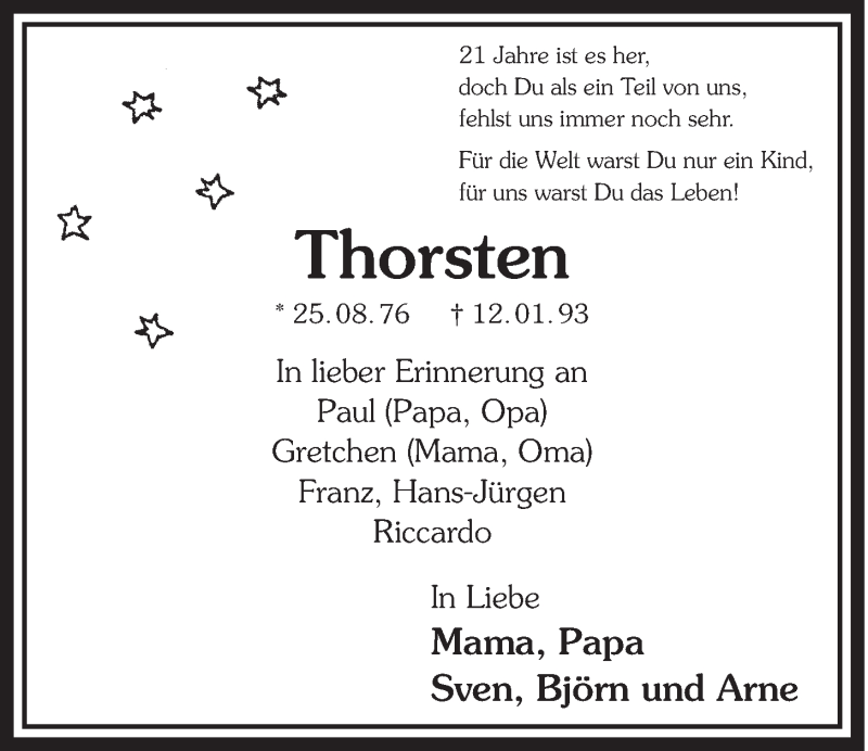  Traueranzeige für Thorsten  vom 08.01.2014 aus  Schlossbote/Werbekurier 