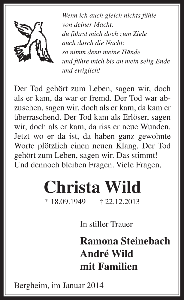  Traueranzeige für Christa Wild vom 15.01.2014 aus  Werbepost 