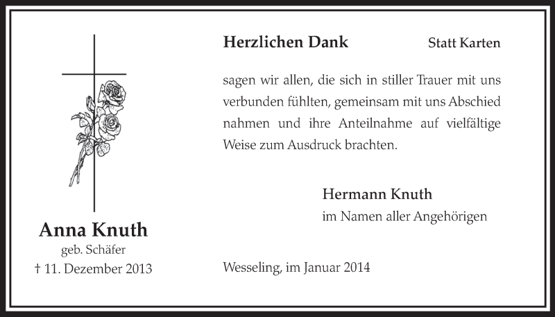  Traueranzeige für Anna Knuth vom 08.01.2014 aus  Schlossbote/Werbekurier 