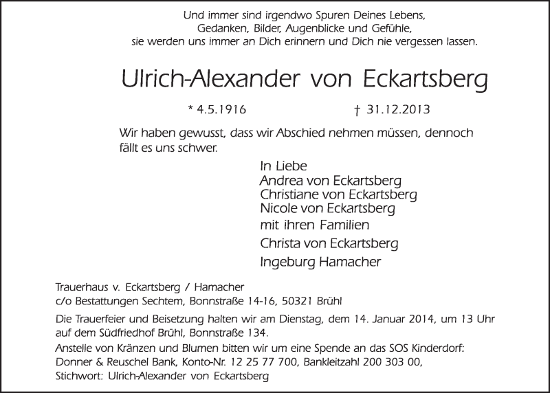  Traueranzeige für Ulrich-Alexander von Eckartsberg vom 08.01.2014 aus  Schlossbote/Werbekurier 