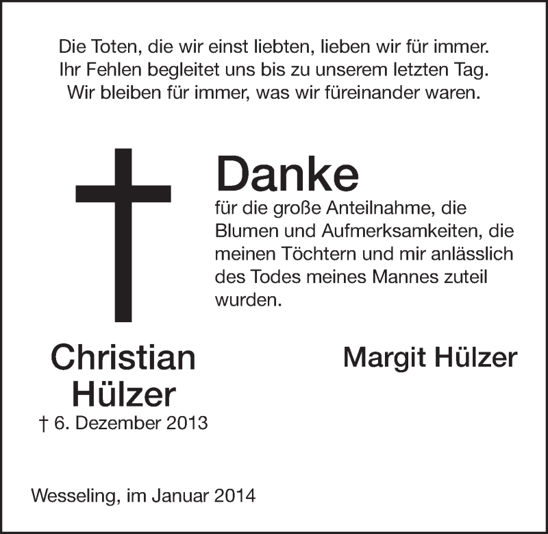  Traueranzeige für Christian Hülzer vom 08.01.2014 aus  Schlossbote/Werbekurier 