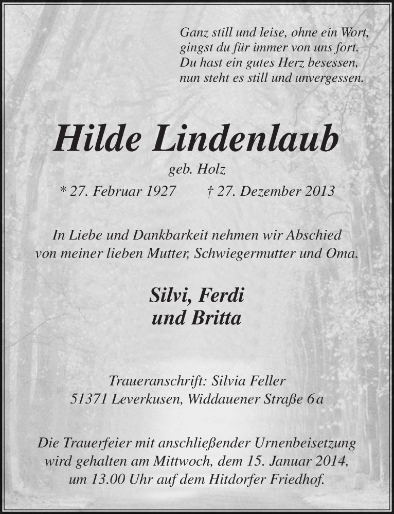  Traueranzeige für Hilde Lindenlaub vom 08.01.2014 aus  Lokale Informationen 