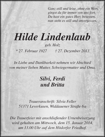 Anzeige von Hilde Lindenlaub von  Lokale Informationen 