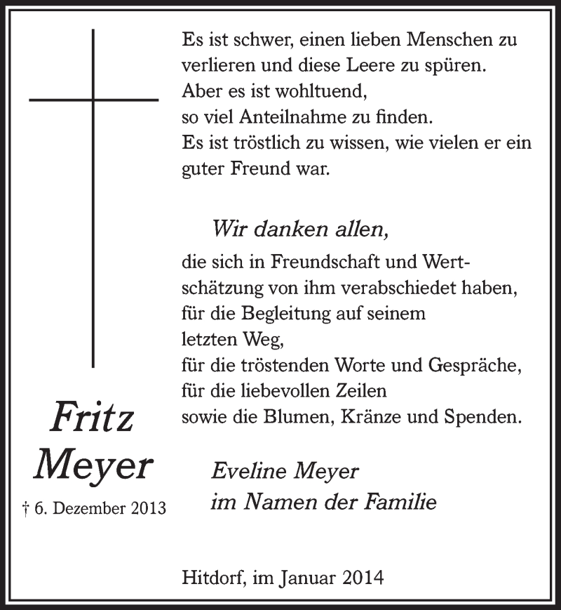  Traueranzeige für Fritz Meyer vom 08.01.2014 aus  Lokale Informationen 