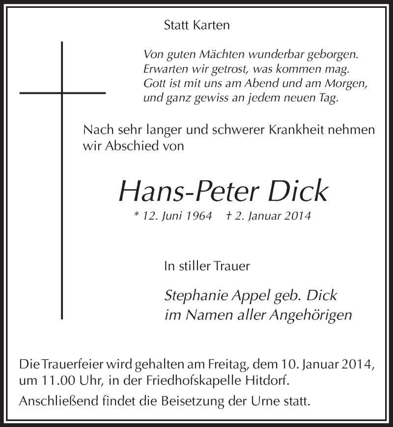  Traueranzeige für Hans-Peter Dick vom 08.01.2014 aus  Lokale Informationen 
