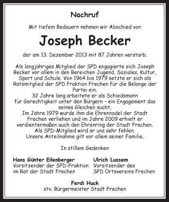 Anzeige von Joseph Becker von  Wochenende 
