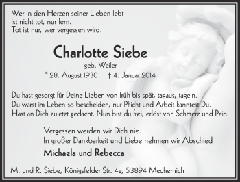 Anzeige von Charlotte Siebe von  Bergisches Handelsblatt 