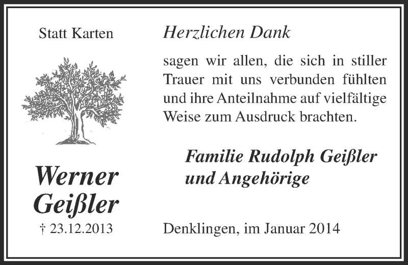  Traueranzeige für Werner Geißler vom 15.01.2014 aus  Lokalanzeiger 