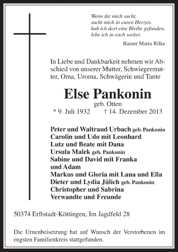 Anzeige von Else Pankonin von  Werbepost 