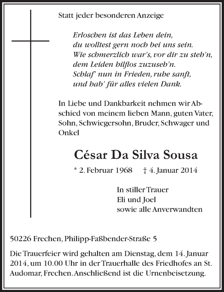  Traueranzeige für César Da Silva Sousa vom 11.01.2014 aus  Sonntags-Post 