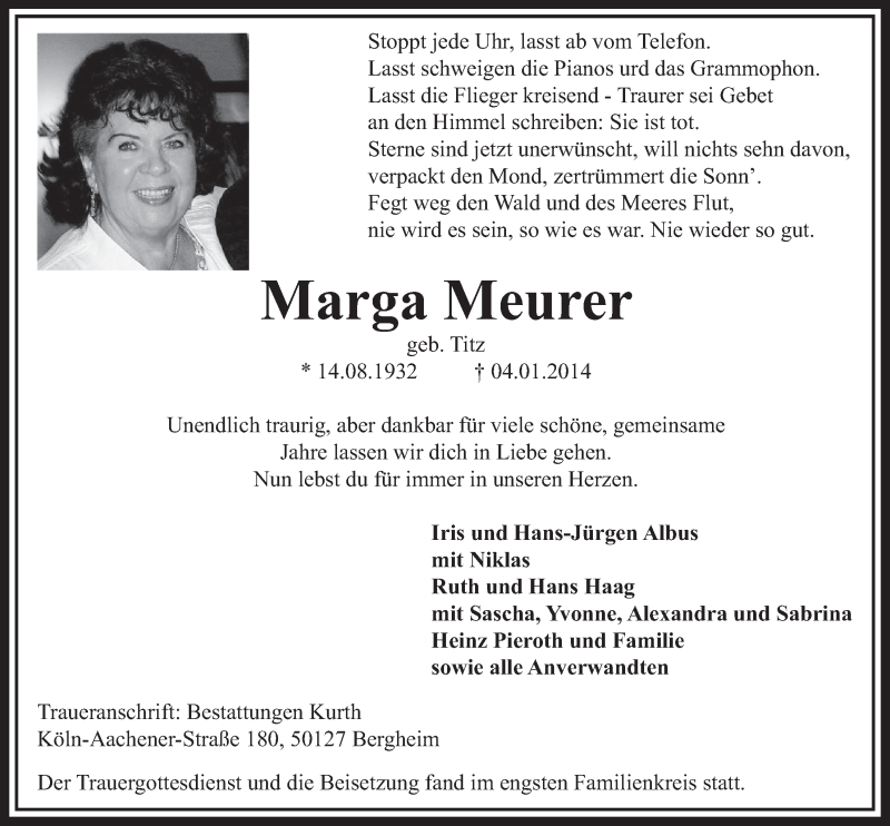  Traueranzeige für Marga Meurer vom 11.01.2014 aus  Sonntags-Post 