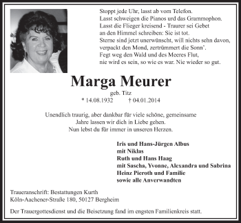 Anzeige von Marga Meurer von  Sonntags-Post 