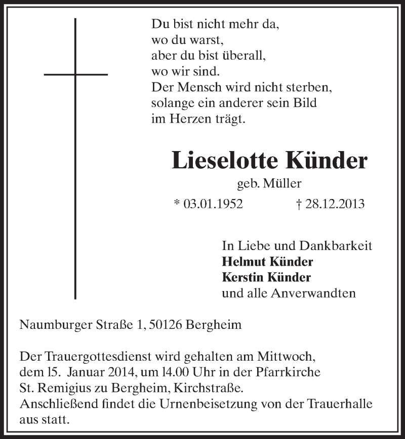  Traueranzeige für Lieselotte Künder vom 11.01.2014 aus  Sonntags-Post 
