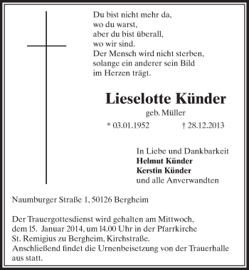 Anzeige von Lieselotte Künder von  Sonntags-Post 
