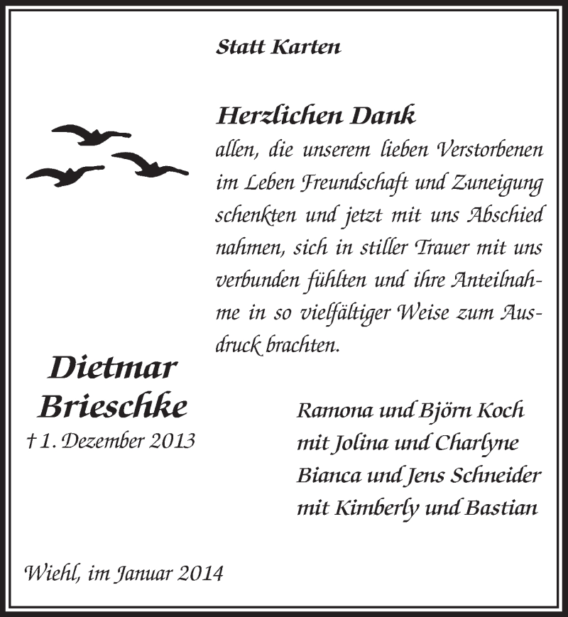  Traueranzeige für Dietmar Brieschke vom 15.01.2014 aus  Anzeigen Echo 