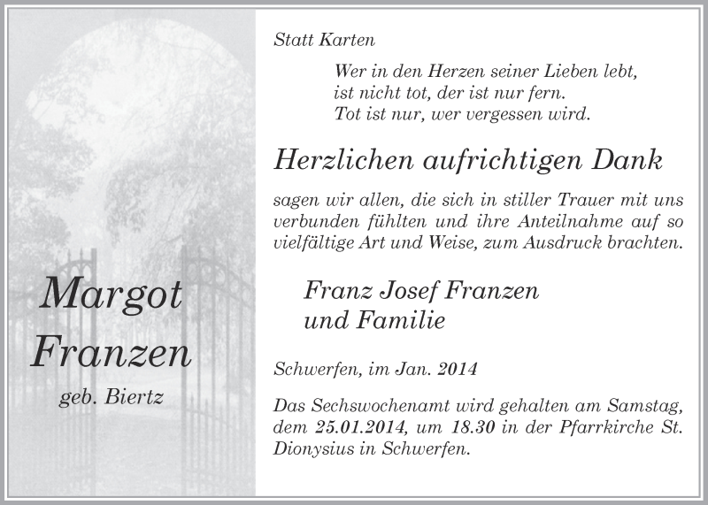  Traueranzeige für Margot Franzen vom 19.01.2014 aus  Blickpunkt Euskirchen 