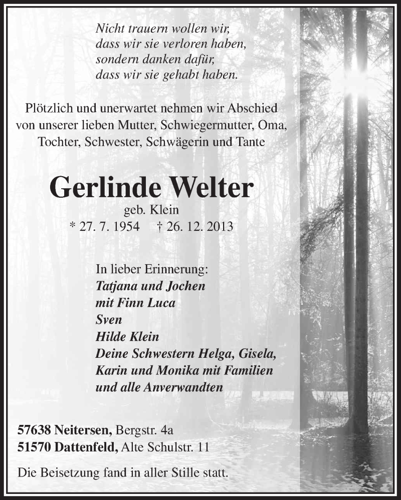  Traueranzeige für Gerlinde Welter vom 15.01.2014 aus  Lokalanzeiger 